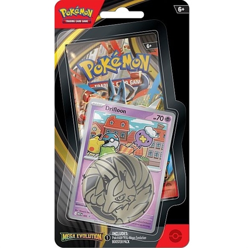 Pokémon Checklane Blister featuring Drifloon, includes one booster pack, foil promo card, and collectible Pokémon coin